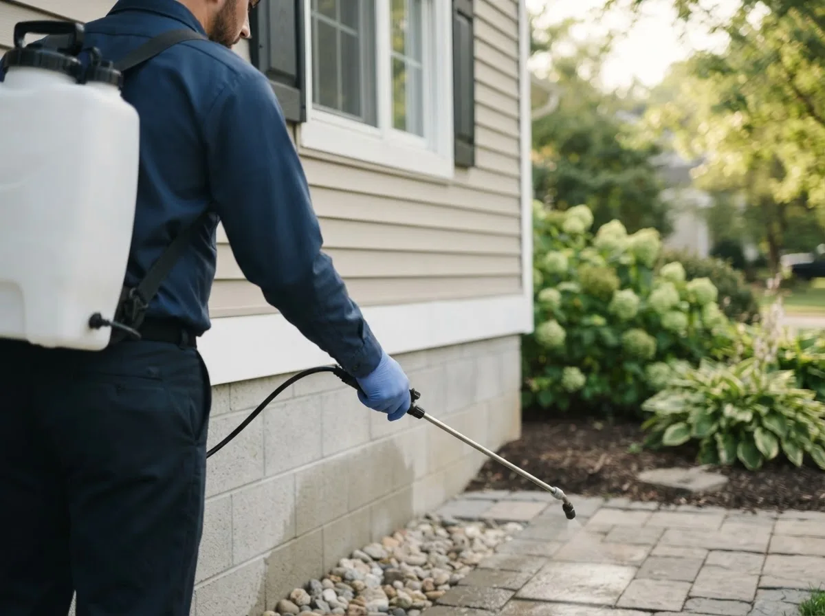 Pest control technician inspecting a home in Loyal, WI
